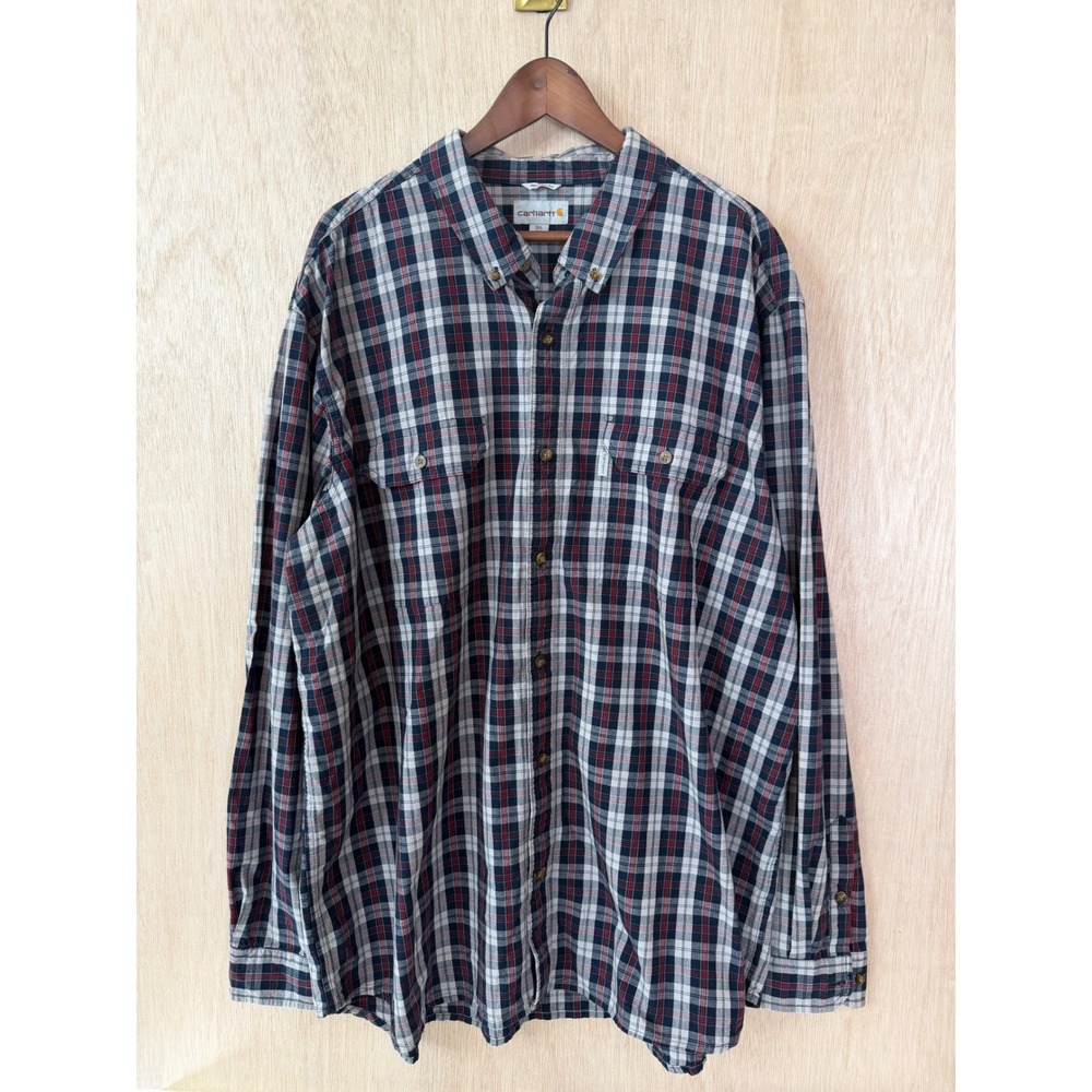 Carhartt Mens 3XL Tall Relaxed Fit Plaid Long Sleeve Button Down Shirt Navy Red